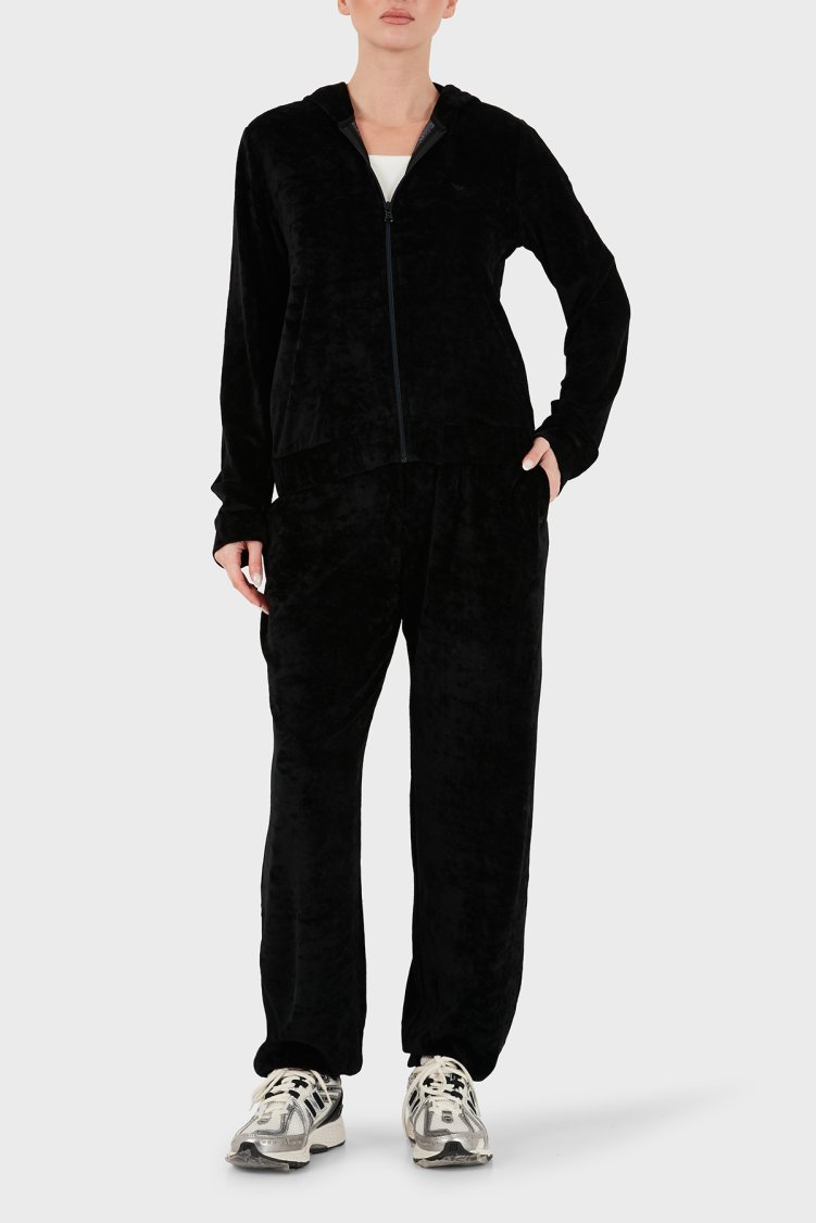 Emporio Armani Regular Fit Kapüşonlu Logolu Kadife Dokulu Kadın Eşofman Takımı EW004748 AF26228 UC001 Siyah - Emporio Armani