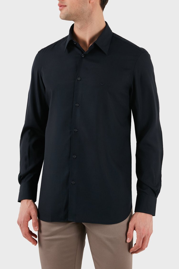 Emporio Armani Regular Fit Logolu Erkek Gömlek EM001537 AF14214 UB118 LACİVERT - Emporio Armani