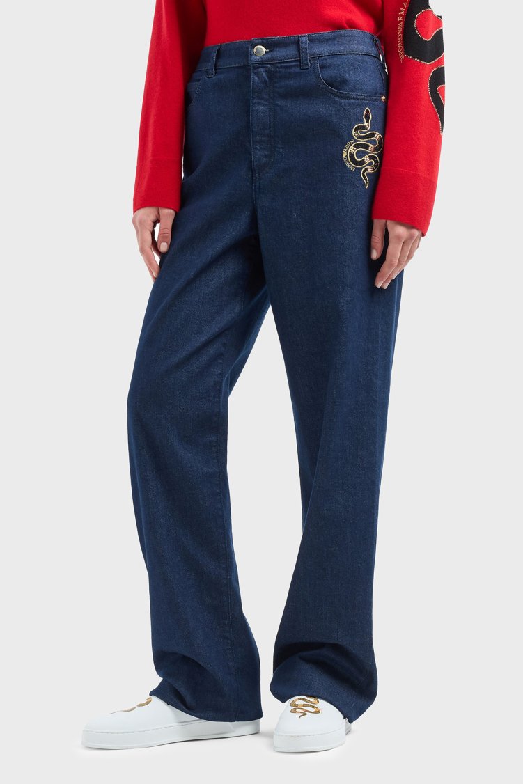 Emporio Armani Regular Fit Orta-Yüksek Bel Geniş Paça İşlemeli Jeans Kadın Kot Pantolon EW000736 AF12436 MB001 LACİVERT - Emporio Armani (1)