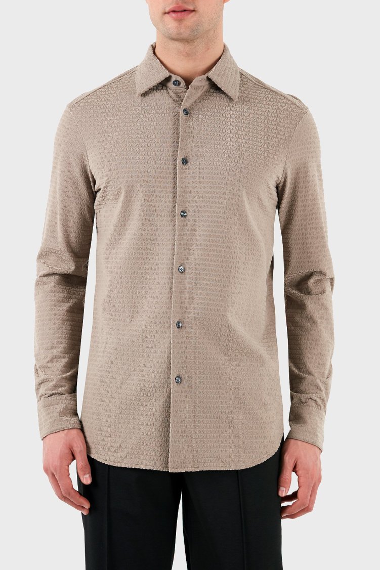 Emporio Armani Regular Fit Tümü Logolu Erkek Gömlek EM001537 AF10017 F6063 BEJ - Emporio Armani