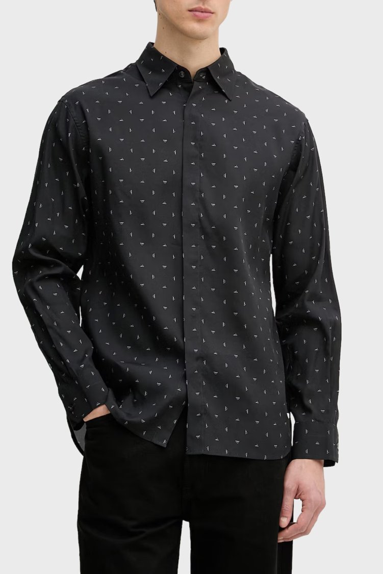 Emporio Armani Relaxed Fit Baskılı Uzun Kollu Erkek Gömlek EM004178 AF14214 FB471 SİYAH - Emporio Armani