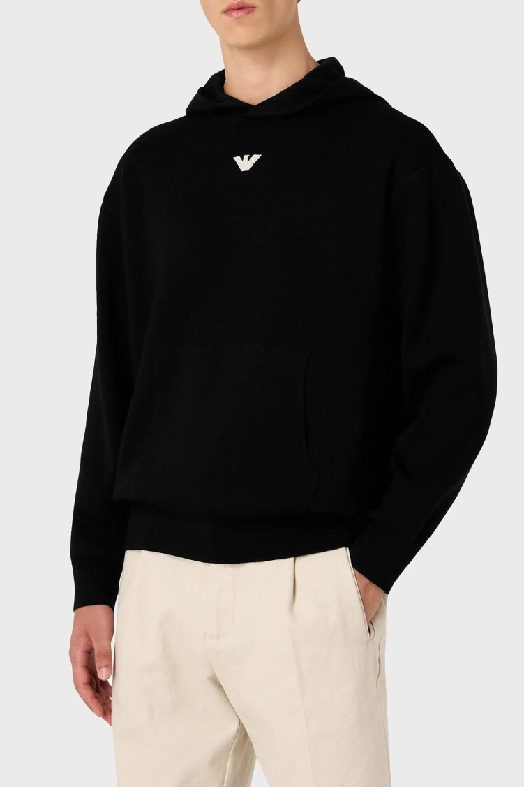 Emporio Armani Relaxed Fit Kapüşonlu Kanguru Cepli Yün Karışımlı Triko Erkek Sweat 6R1MX7 1MNBZ F008 SİYAH - Emporio Armani