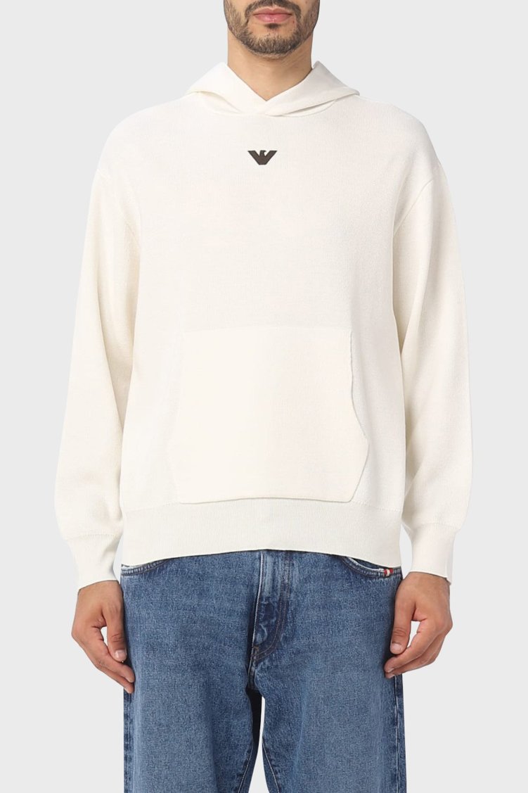 Emporio Armani Relaxed Fit Kapüşonlu Kanguru Cepli Yün Karışımlı Triko Erkek Sweat 6R1MX7 1MNBZ F1F4 EKRU - Emporio Armani