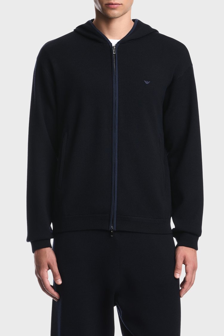 Emporio Armani Saf Yün Ve Fermuarlı Kapüşonlu Erkek Hırka EM006223 AF27807 UB118 Lacivert - Emporio Armani