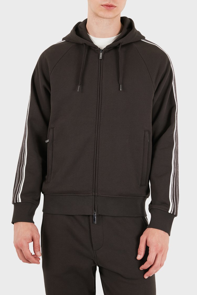 Emporio Armani Şerit Detaylı Pamuklu Kapüşonlu Fermuarlı Erkek Sweat EM006849 AF13713 U6030 Koyu kahve - Emporio Armani