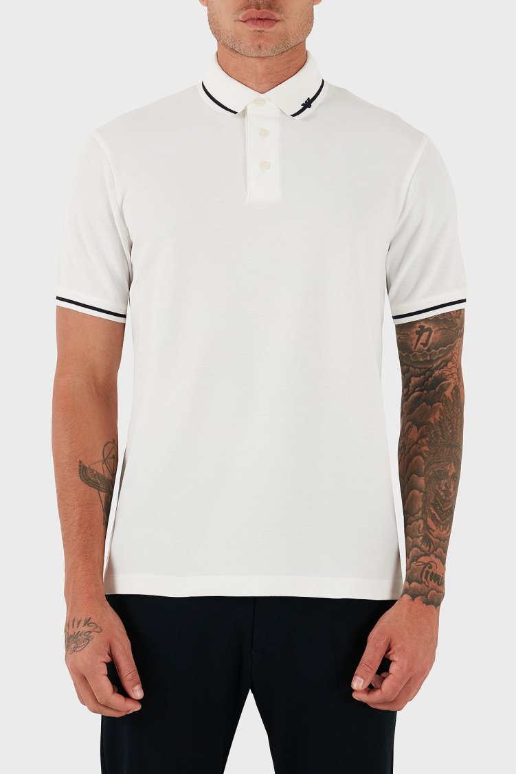 Emporio Armani Şerit Detaylı Pamuklu Regular Fit Düğmeli Erkek Polo Yaka T Shirt EM003003 AF10497 U0003 Beyaz - Emporio Armani