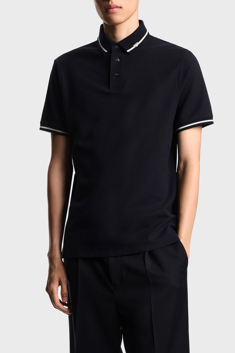 Emporio Armani Şerit Detaylı Pamuklu Regular Fit Düğmeli Erkek Polo Yaka T Shirt EM003003 AF10497 UB118 LACİVERT - Emporio Armani