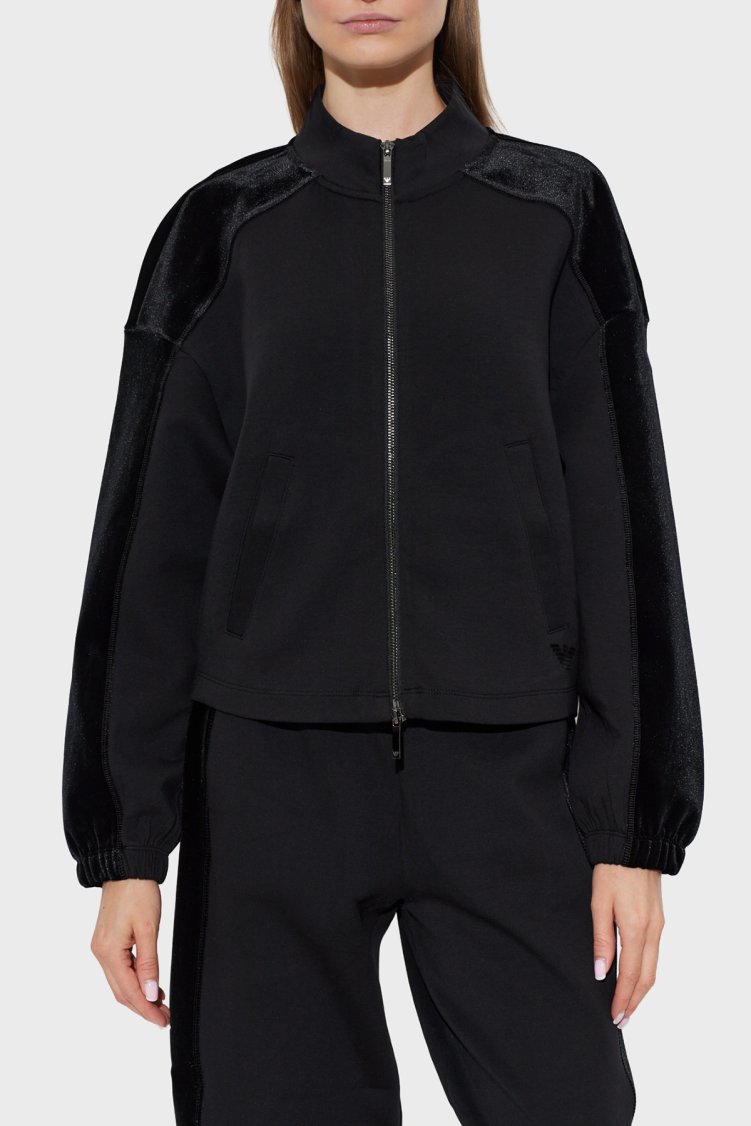 Emporio Armani Şönil ŞErit Detaylı Logolu Pamuklu Kadın Ceket EW004206 AF10002 UC001 Siyah - Emporio Armani