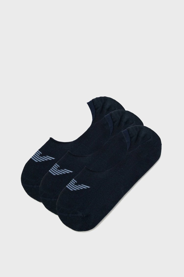 Emporio Armani Streç Pamuklu Logo Baskılı 3 Pack Babet Erkek Çorap EM000548 AF12271 MB153 LACİVERT - Emporio Armani