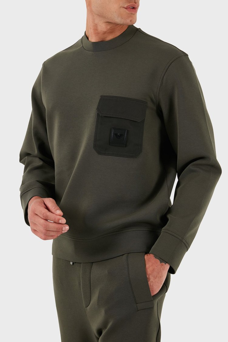 Emporio Armani Streç Pamuklu Regular Fit Tek Cepli Bisiklet Yaka Erkek Sweat EM002925 AF10013 U8120 HAKİ - Emporio Armani