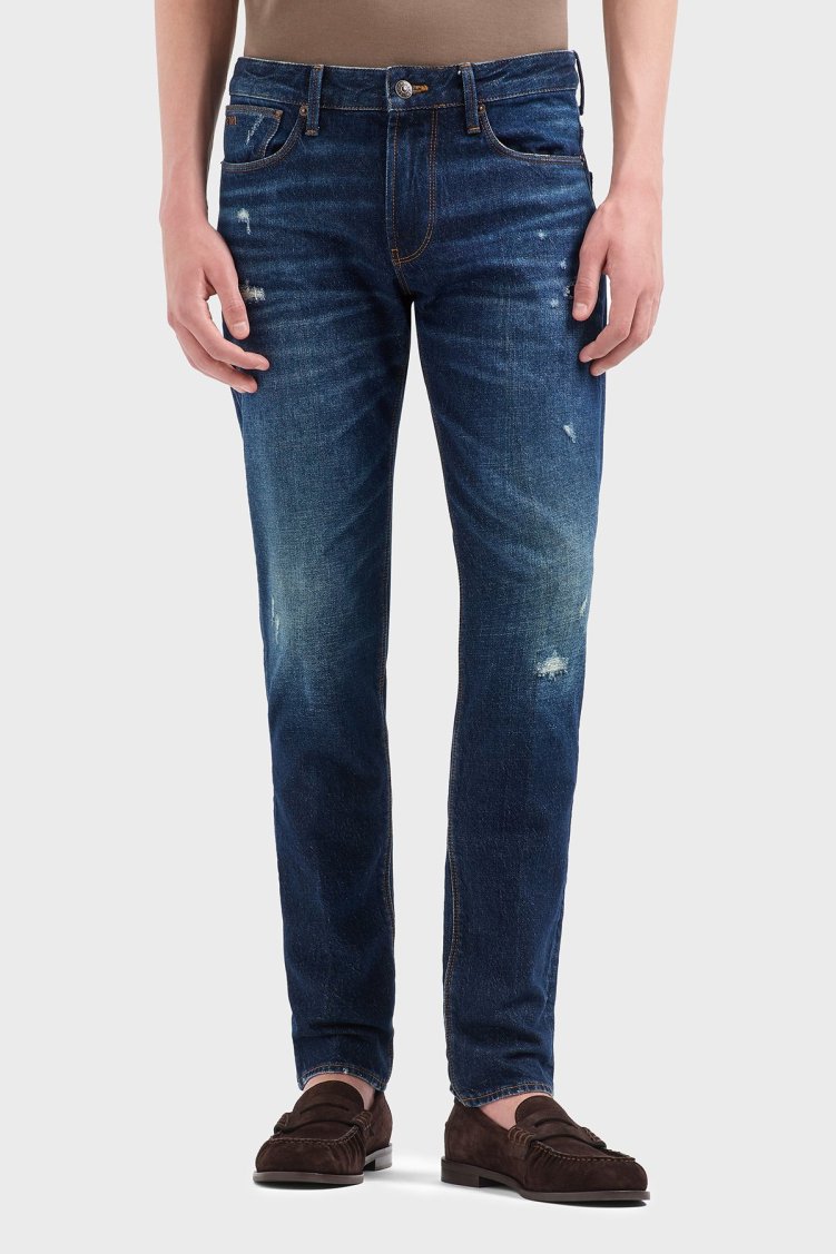 Emporio Armani Streç Pamuklu Slim Fit Düşük Bel Dar Paça Jeans Erkek Kot Pantolon EM000121 AF13281 MB001 LACİVERT - Emporio Armani