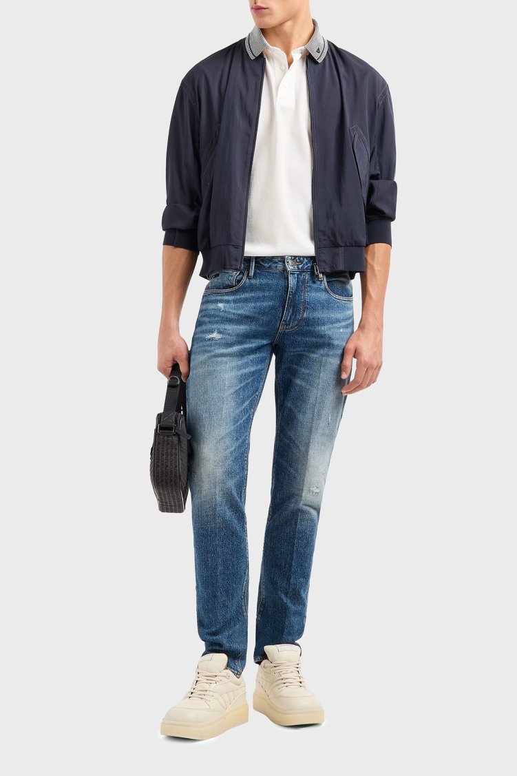 Emporio Armani Streç Pamuklu Slim Fit Düşük Bel Dar Paça Jeans Erkek Kot Pantolon EM000121 AF13281 MB002 LACİVERT - Emporio Armani