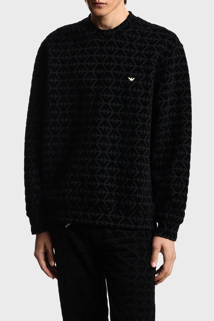 Emporio Armani Tamamı Kabartma Logolu Regular Fit Kadife Dokulu Erkek Sweat EM005164 AF10013 FC307 SİYAH - Emporio Armani