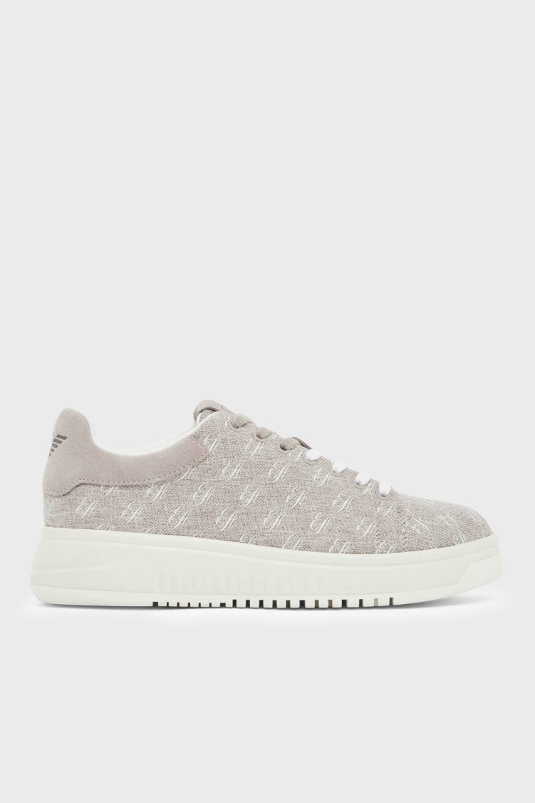 Emporio Armani Tamamı Logolu Kanvas Sneaker Kadın Ayakkabı EW003997 AF23350 U6154 GRİ - Emporio Armani