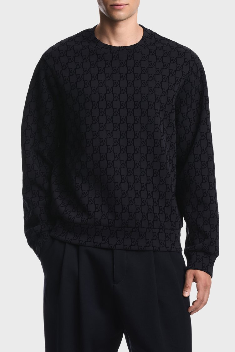 Emporio Armani Tamamı Logolu Pamuklu Bisiklet Yaka Erkek Sweat EM006874 AF10013 FB569 Lacivert - Emporio Armani