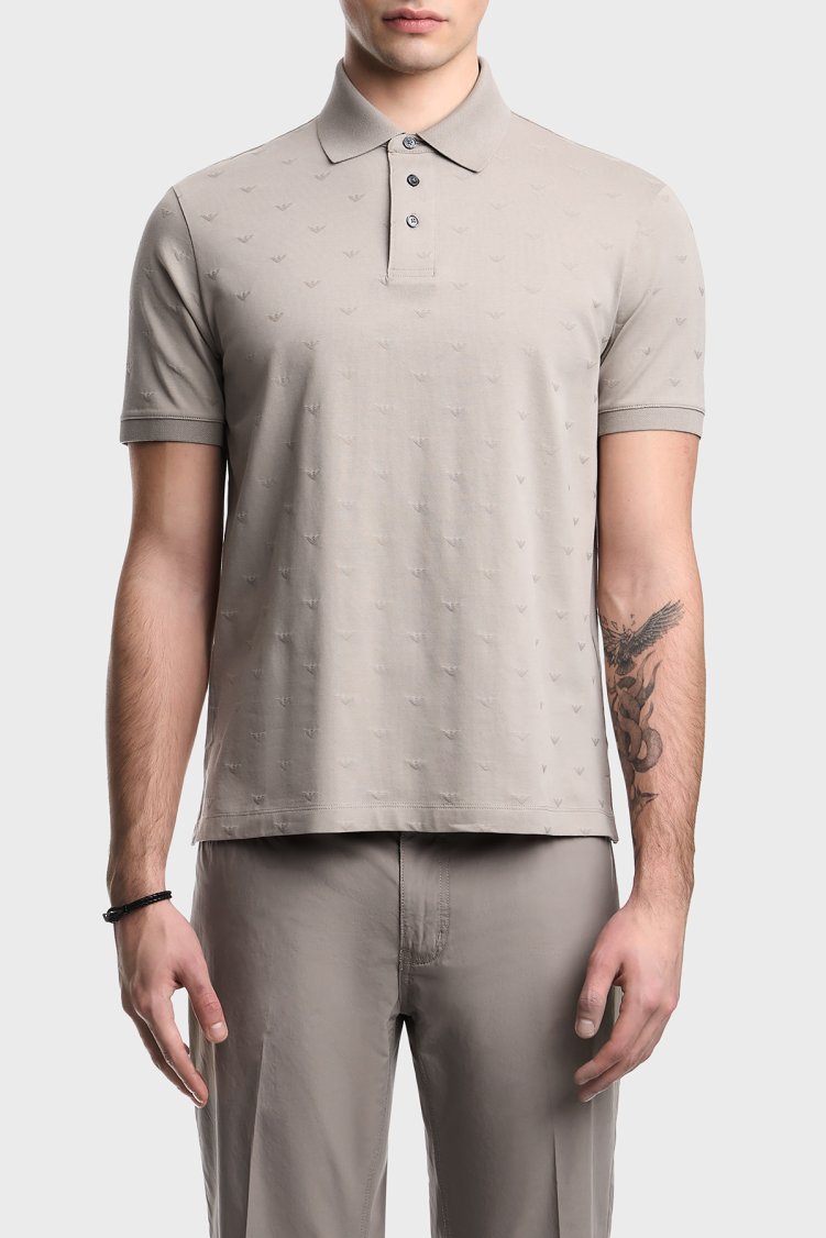 Emporio Armani Tamamı Logolu Pamuklu Slim Fit Düğmeli Erkek Polo EM004912 AF10762 F6219 GRİ - Emporio Armani