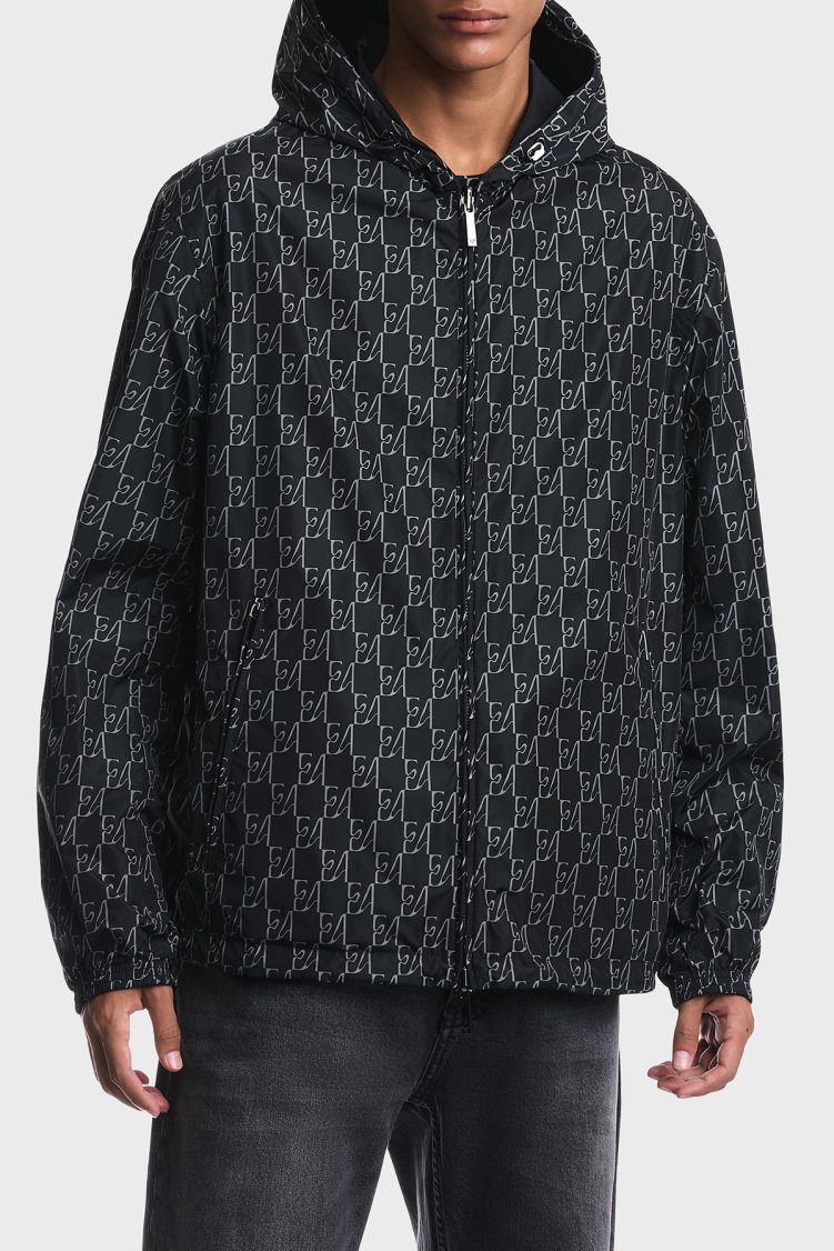 Emporio Armani Tamamı Logolu Suya Dayanıklı Kapüşonlu Erkek Ceket EM006751 AF12021 FB517 Lacivert - Emporio Armani