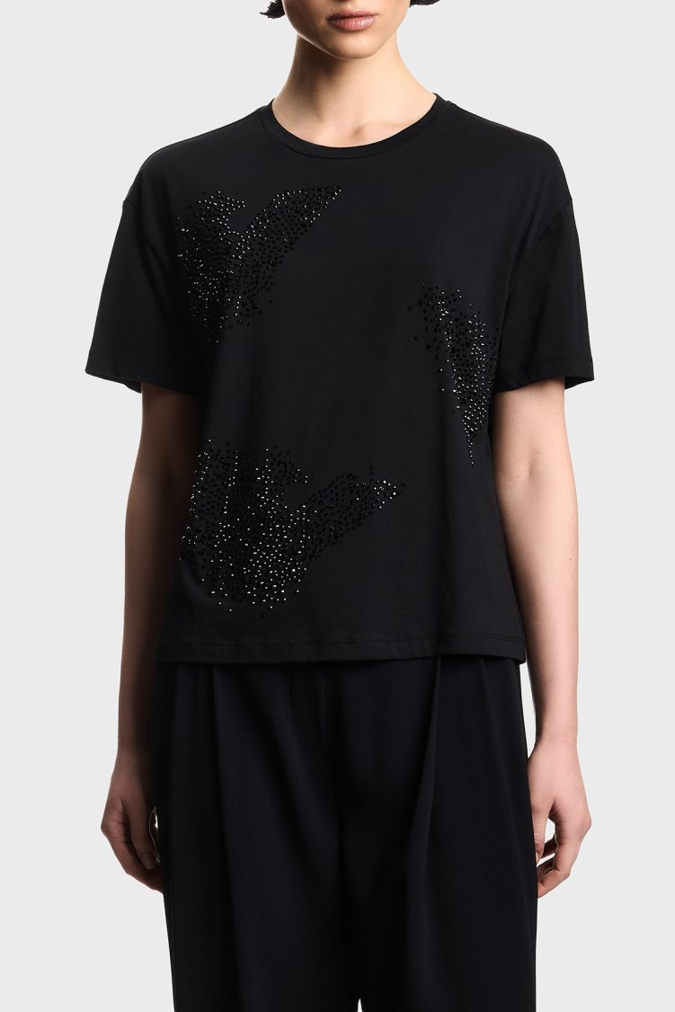 Emporio Armani Taşlı % 100 Pamuk Regular Fit Bisiklet Yaka Kadın T Shirt EW003595 AF12597 UC001 SİYAH - Emporio Armani