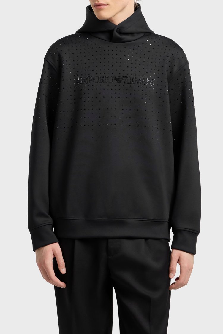 Emporio Armani Taşlı Logolu Streç Regular Fit Kapüşonlu Erkek Sweat EM003673 AF19556 UC001 SİYAH - Emporio Armani