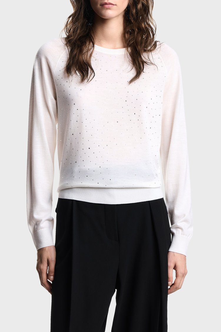 Emporio Armani Taşlı Logolu Yünlü Regular Fit Bisiklet Yaka Kadın Kazak EW001263 AF19176 F0015 BEYAZ - Emporio Armani