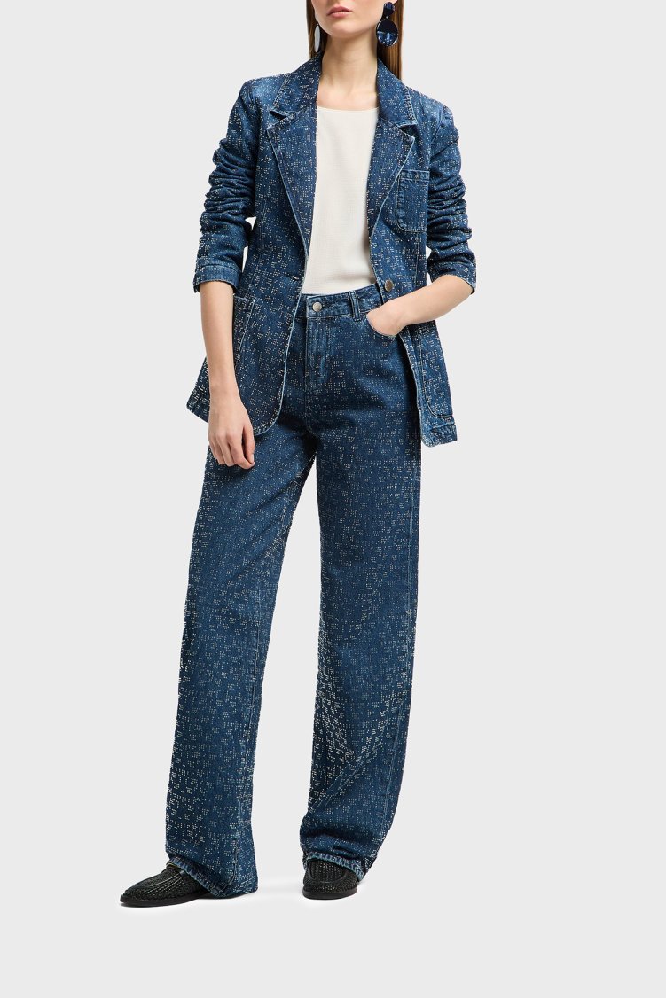 Emporio Armani Taşlı Regular Fit Yüksek Bel Geniş Paça Jeans Kadın Kot Pantolon EW001119 AF13298 MB001 LACİVERT - Emporio Armani (1)