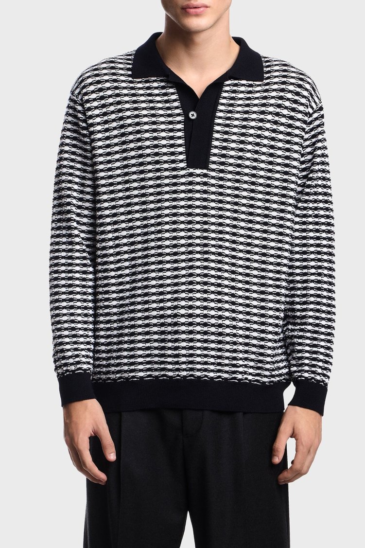 Emporio Armani Yün Karışımlı Regular Fit Düğmeli Polo Yaka Erkek Kazak EM003518 AF19833 F0015 BEYAZ-LACİVERT - Emporio Armani