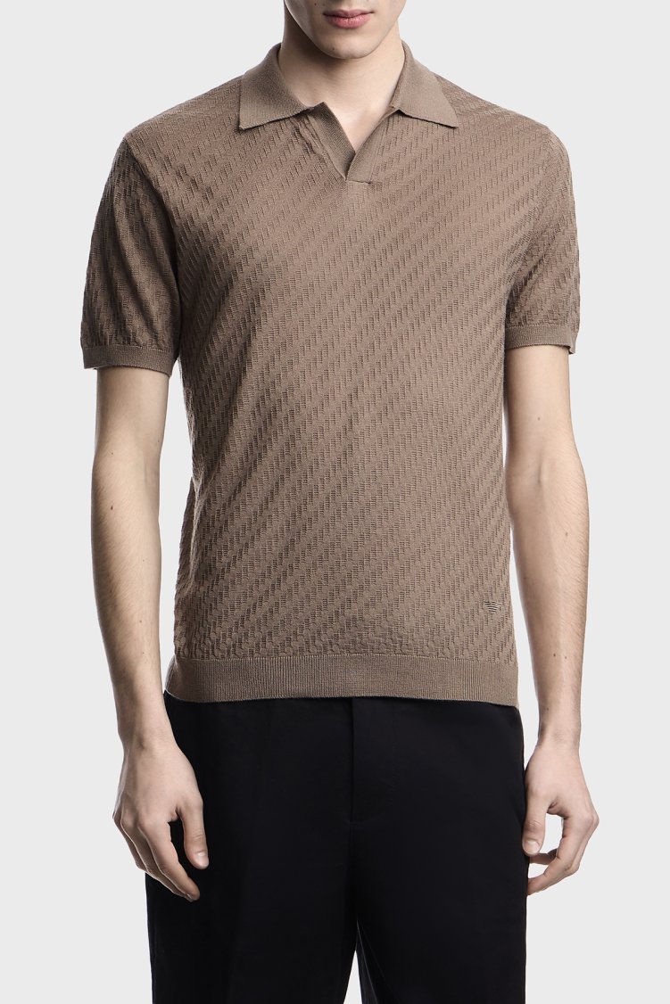 Emporio Armani Yün Karışımlı Regular Fit Polo Yaka Kısa Kollu Erkek Kazak EM004307 AF24573 U6285 VİZON - Emporio Armani