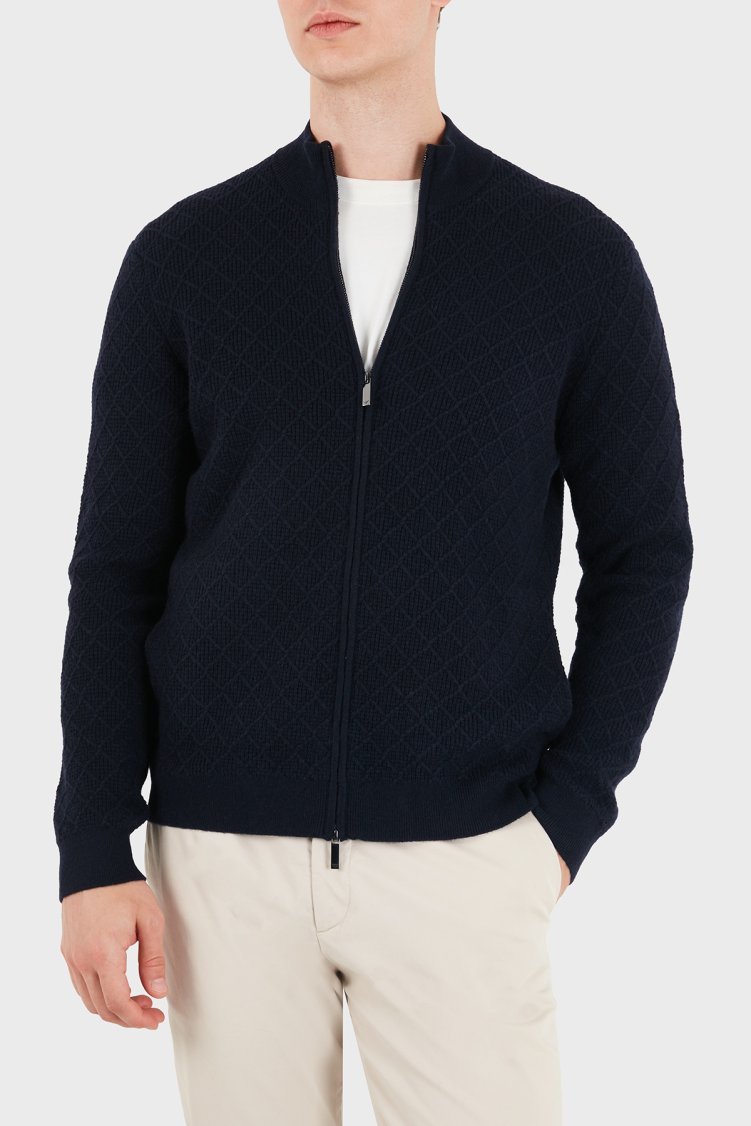 Emporio Armani Yün ve Kaşmir Karışımlı Dik Yaka Fermuarlı Erkek Hırka EM007388 AF29684 MB109 Lacivert - Emporio Armani