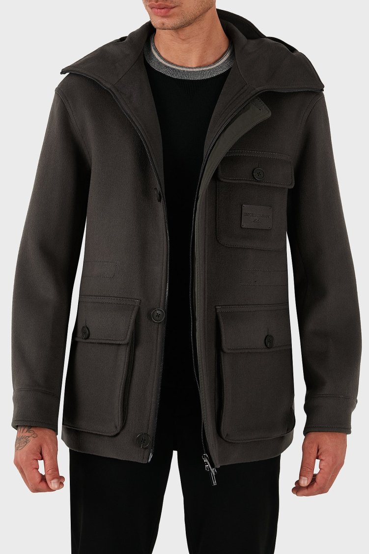 Emporio Armani Yün ve Kaşmir Karışımlı Regular Fit Kapüşonlu Erkek Mont EM003183 AF18229 U8112 ANTRASİT - Emporio Armani