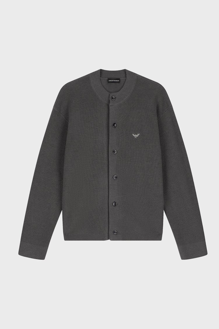 Emporio Armani Yün ve Pamuk Karışımlı Bisiklet Yaka Düğmeli Erkek Hırka EM006289 AF27812 U8107 Füme - Emporio Armani