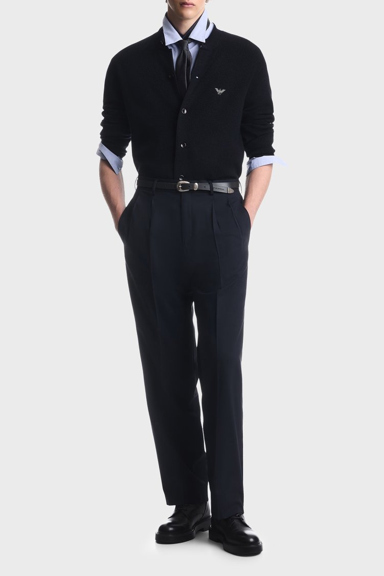 Emporio Armani Yün ve Pamuk Karışımlı Bisiklet Yaka Düğmeli Erkek Hırka EM006289 AF27812 UB118 Lacivert - Emporio Armani (1)