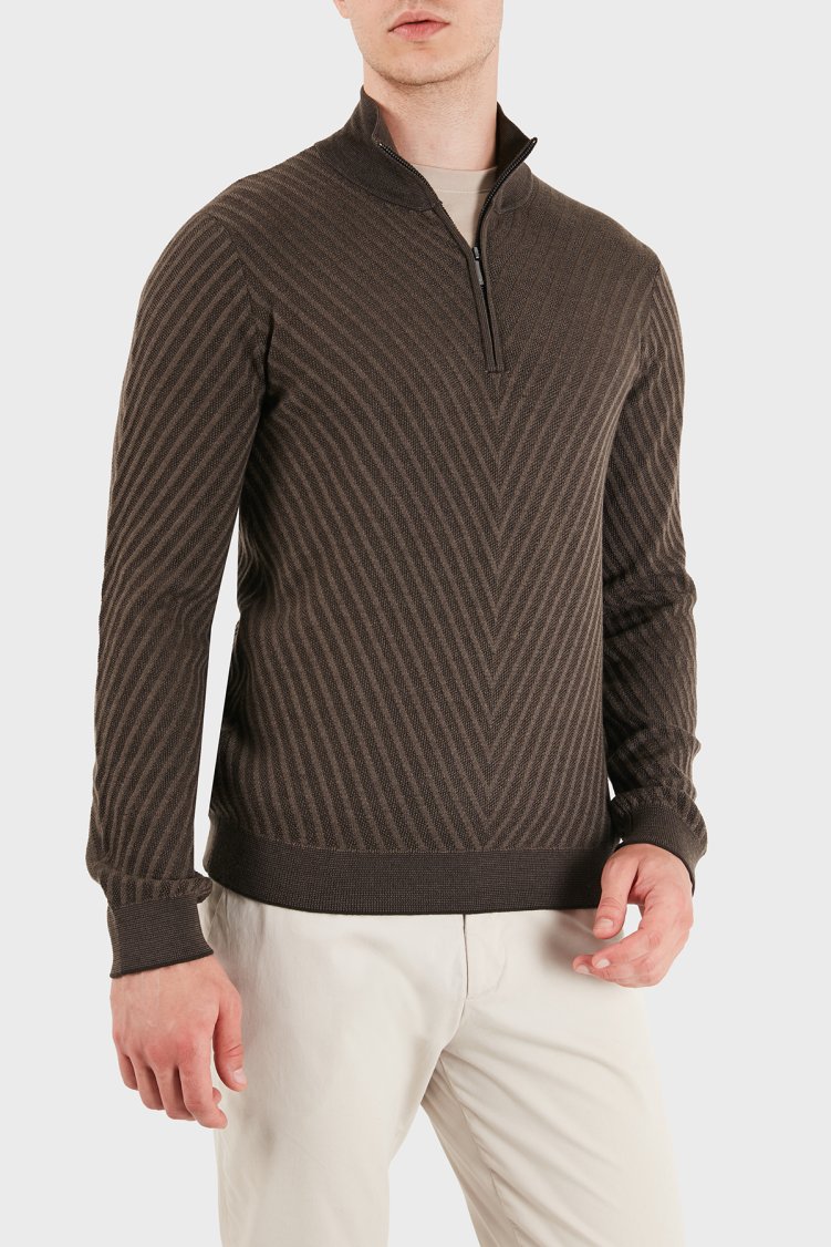 Emporio Armani Yünlü Fermuarlı Dik Yaka Erkek Kazak EM006316 AF27942 F6030 Kahve - Emporio Armani