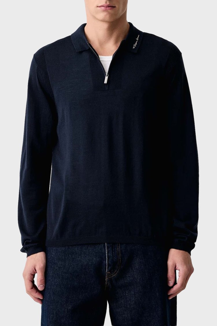 Emporio Armani Yünlü Fermuarlı Erkek Polo Yaka Kazak EM006293 AF29815 UB097 Lacivert - Emporio Armani