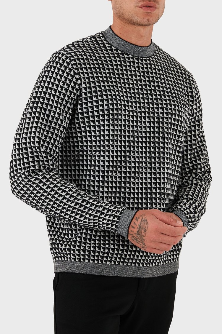 Emporio Armani Yünlü Jakarlı Logo Baskılı Regular Fit Bisiklet Yaka Erkek Kazak EM001989 AF14199 FC043 SİYAH-BEYAZ - Emporio Armani