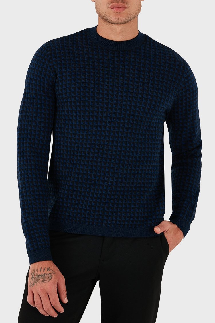 Emporio Armani Yünlü Jakarlı Logo Basklı Regular Fit Bisiklet Yaka Erkek Kazak EM001989 AF14199 FB066 LACİVERT - Emporio Armani