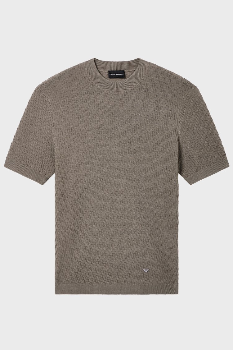 Emporio Armani Yünlü Regular Fit Bisiklet Yaka Kısa Kollu Erkek Kazak EM005303 AF23553 F1040 BEJ - Emporio Armani