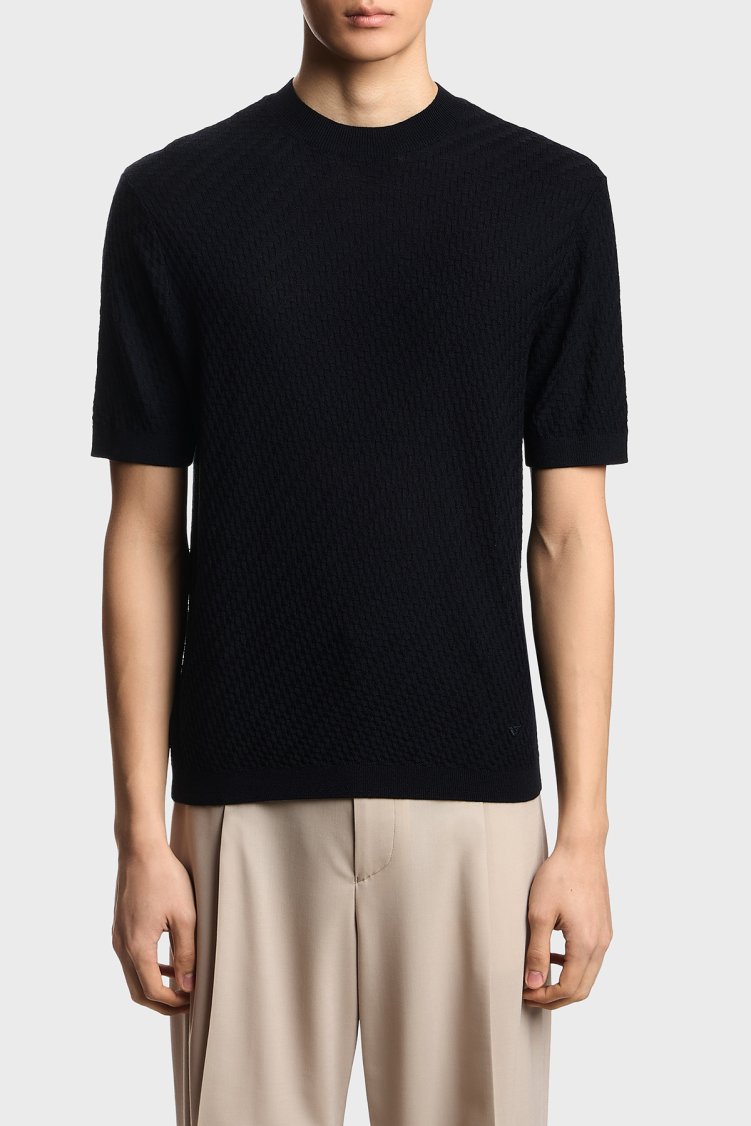 Emporio Armani Yünlü Regular Fit Bisiklet Yaka Kısa Kollu Erkek Kazak EM005303 AF23553 FB066 LACİVERT - Emporio Armani