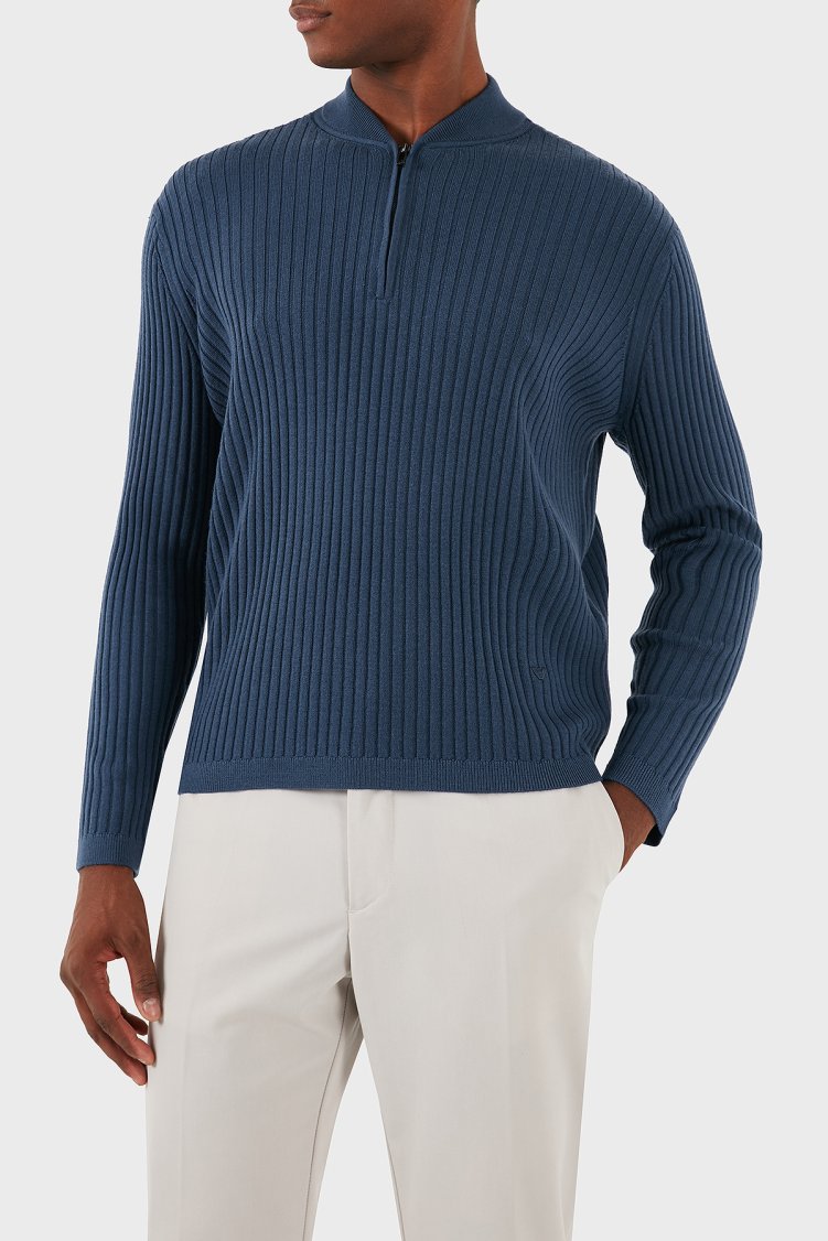 Emporio Armani Yünlü Regular Fit Yarım Fermuarlı Kolej Yaka Dokuma Erkek Kazak 6D1MXP 1MKDZ 09T6 LACİVERT - Emporio Armani