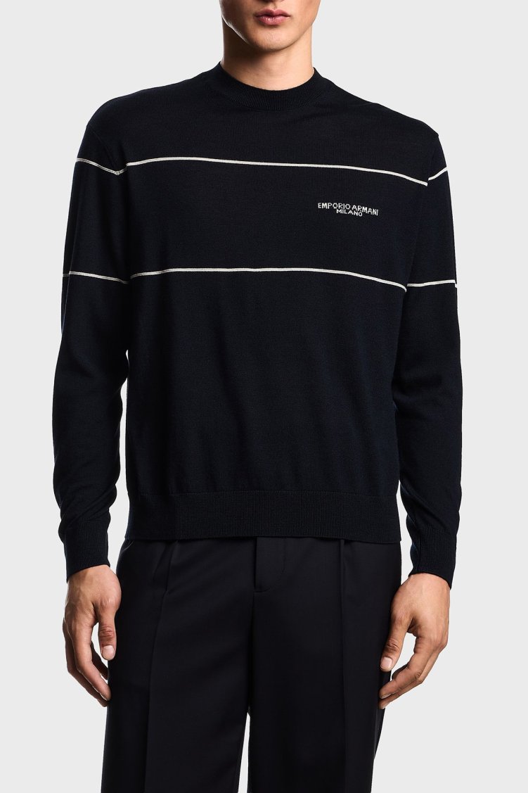Emporio Armani Yünlü Şerit Detaylı Regular Fit Bisiklet Yaka Erkek Kazak EM002796 AF14199 MB173 LACİVERT - Emporio Armani