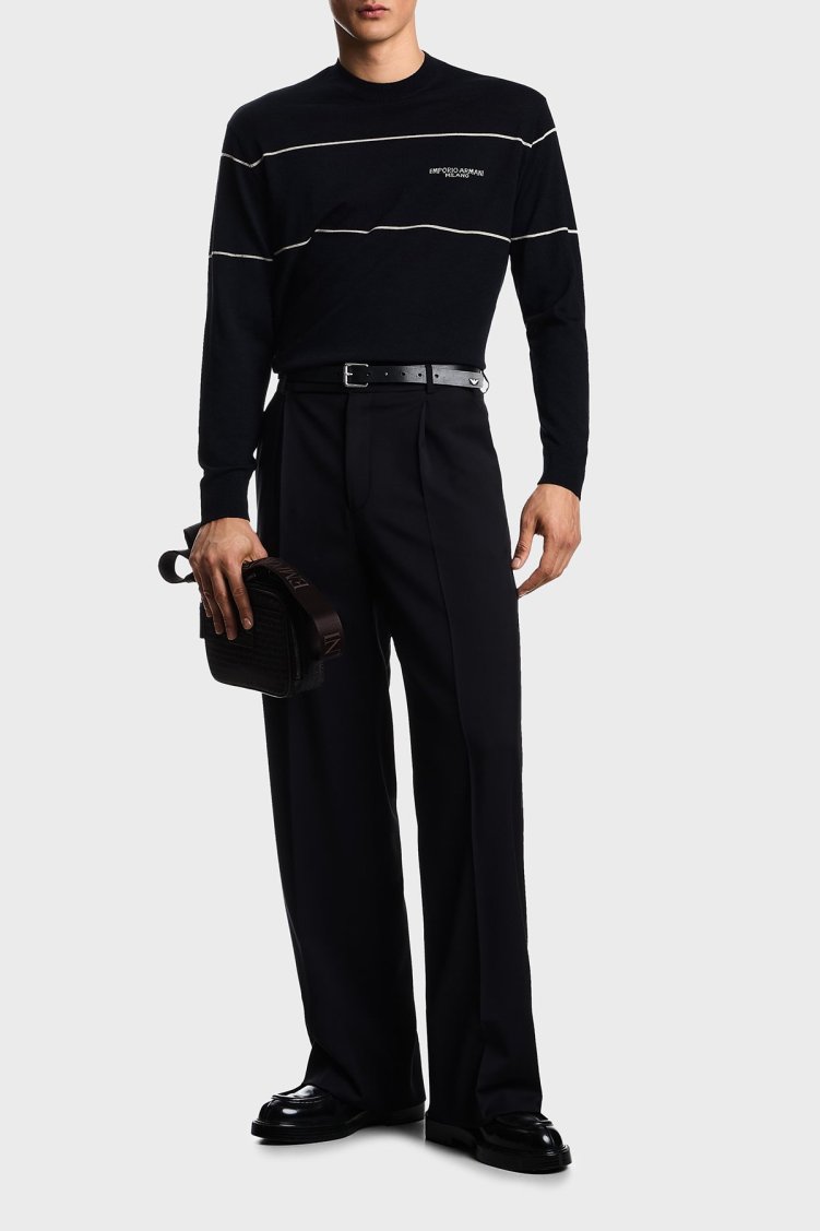 Emporio Armani Yünlü Şerit Detaylı Regular Fit Bisiklet Yaka Erkek Kazak EM002796 AF14199 MB173 LACİVERT - Emporio Armani (1)
