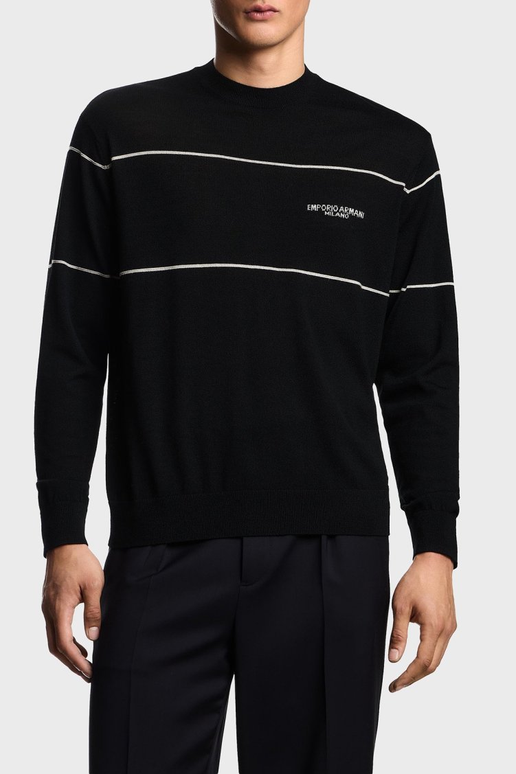 Emporio Armani Yünlü Şerit Detaylı Regular Fit Bisiklet Yaka Erkek Kazak EM002796 AF14199 MC156 SİYAH - Emporio Armani
