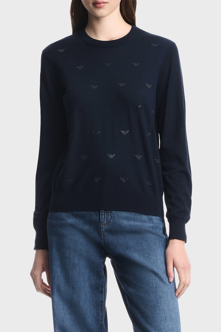 Emporio Armani Yuvarlak Yaka Yünlü Kadın Kazak EW004693 AF29551 FB073 Mavi - Emporio Armani