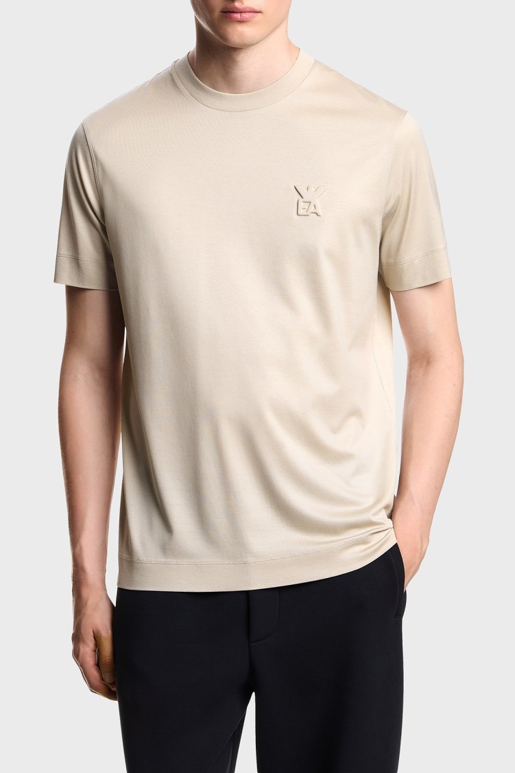 Eporio Armani Pamuk Karışımlı Regular Fit Logolu Bisiklet Yaka Erkek T Shirt EM002963 AF10761 U8140 BEJ - Emporio Armani