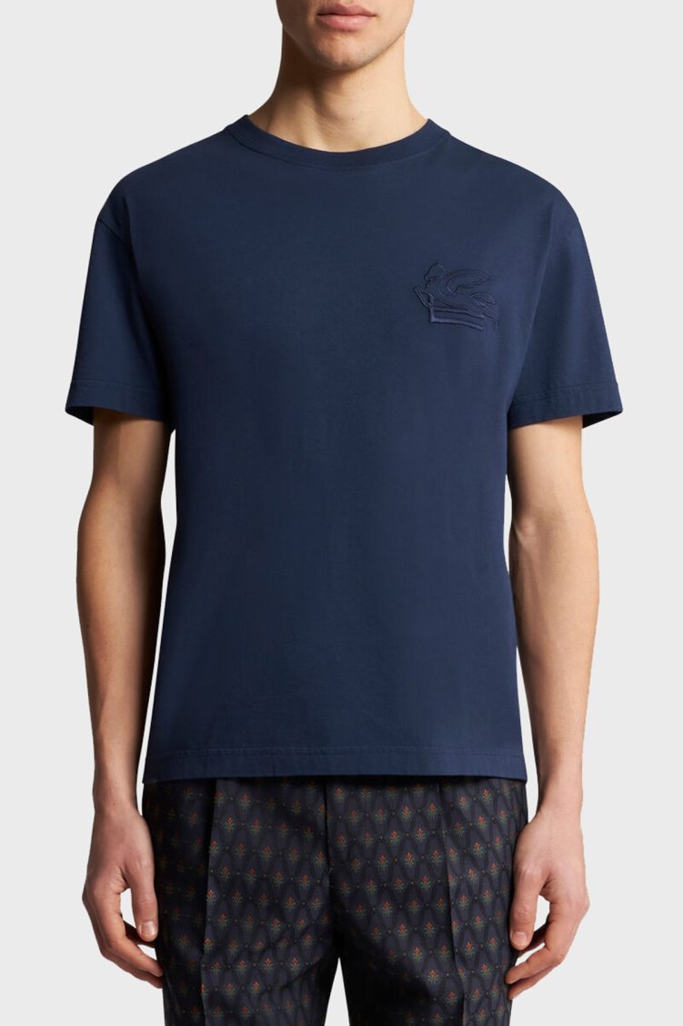 Etro % 100 Pamuk Regular Fit Bisiklet Yaka Logolu Erkek T Shirt MRMA0007 AR233 B0065 LACİVERT - Etro