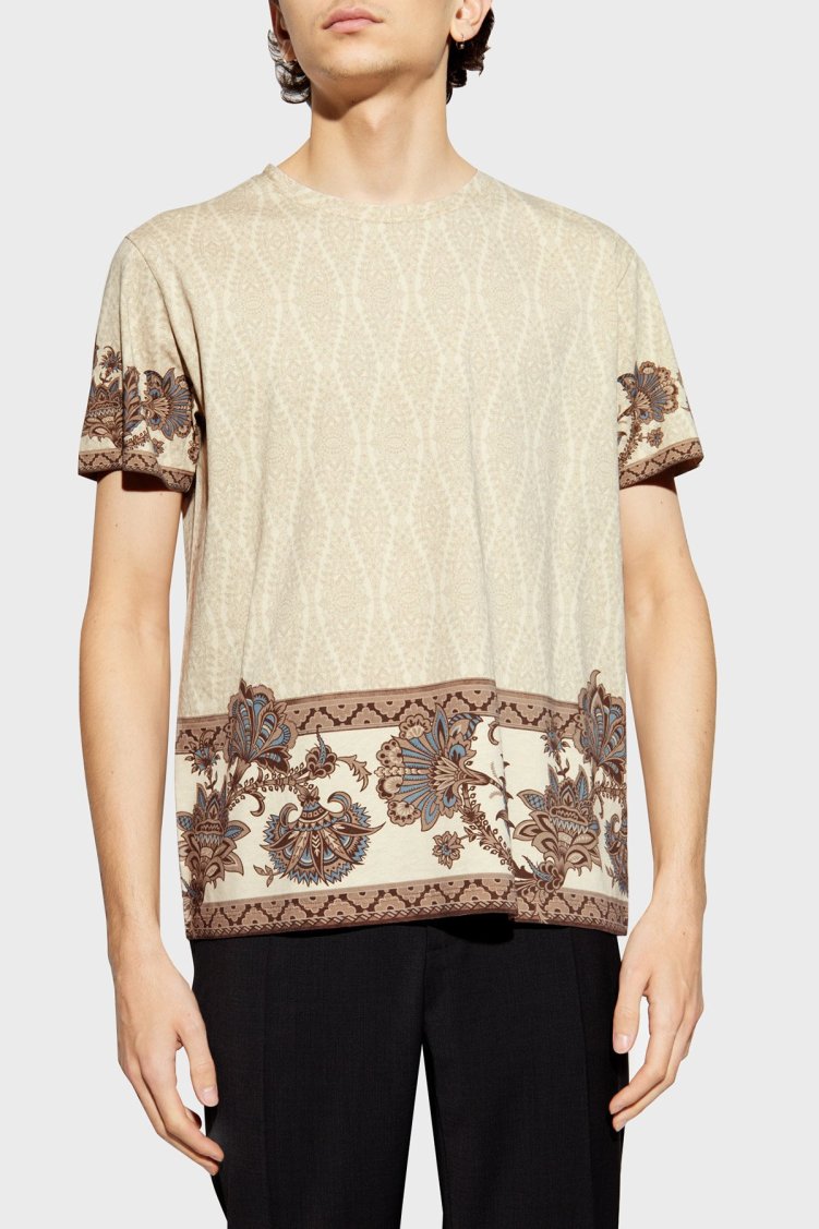 Etro Çiçek Desenli % 100 Pamuk Regular Fit Bisiklet Yaka Erkek T Shirt MRMA0002 AK596 X0820 BEJ - Etro