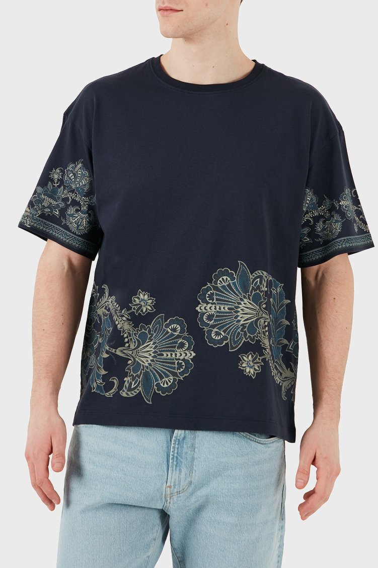 Etro Desenli % 100 Pamuk Regular Fit Bisiklet Yaka Erkek T Shirt MRMA0004 AK598 X0883 LACİVERT - Etro