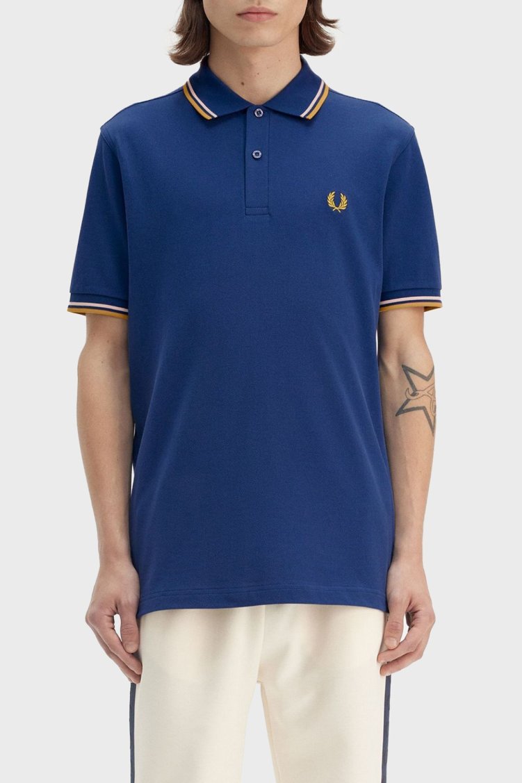 Fred Perry % 100 Pamuk Regular Fit Şerit Detaylı Düğmeli Erkek Polo Yaka T Shirt M3600 Y28 MAVİ - Fred Perry