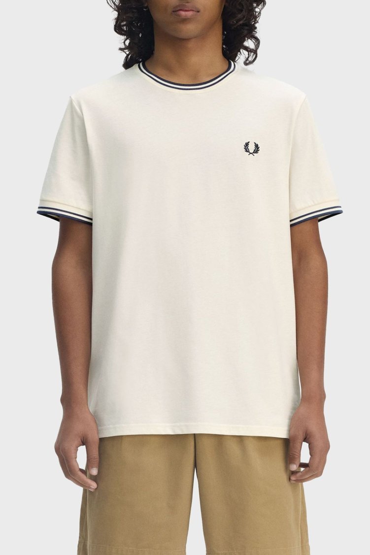 Fred Perry % 100 Pamuk Regular Fit Şerit Detaylı Sıfır Yaka Erkek T Shirt M1588 Y24 Ekru - Fred Perry