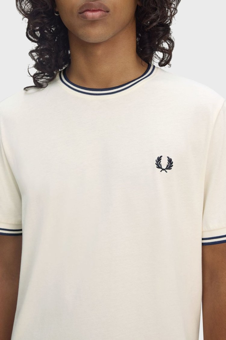 Fred Perry % 100 Pamuk Regular Fit Şerit Detaylı Sıfır Yaka Erkek T Shirt M1588 Y24 Ekru - Fred Perry (1)