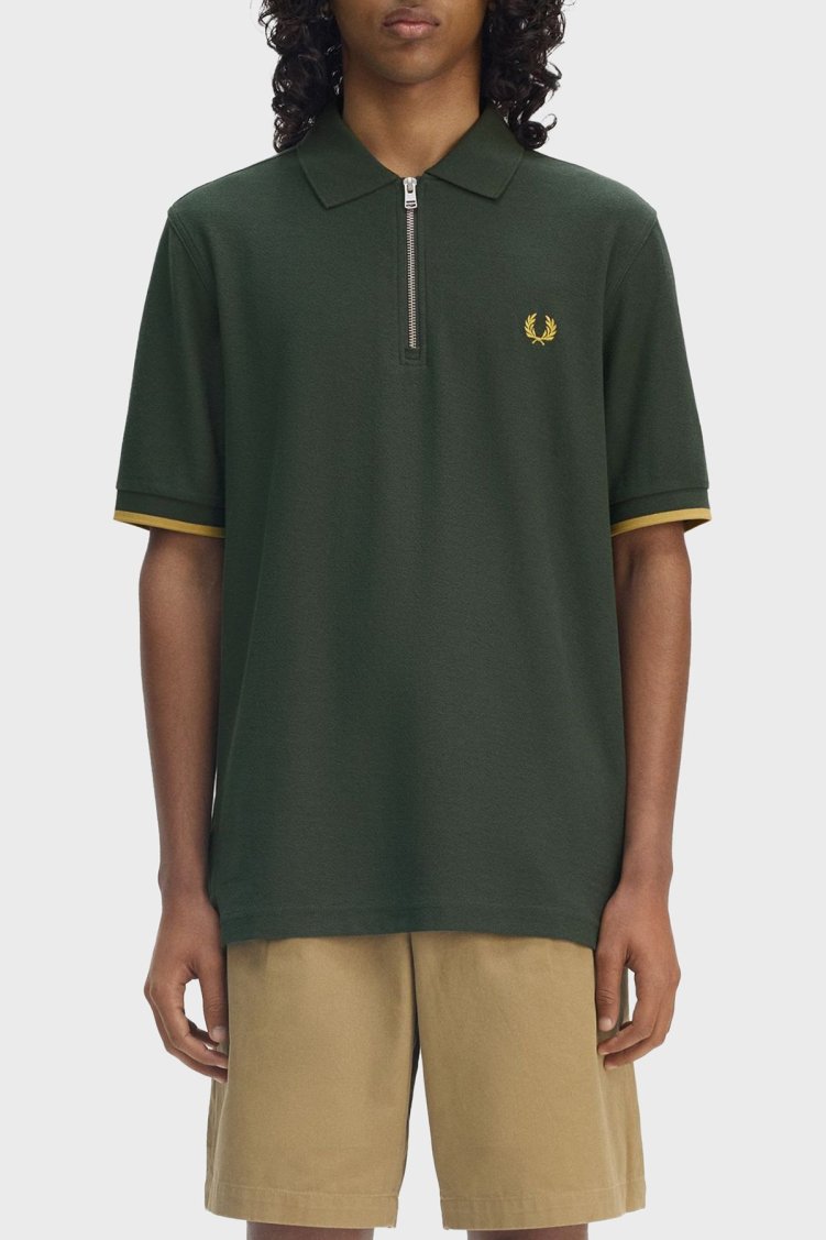 Fred Perry % 100 Pamuklu Regular Fit Yarım Fermuarlı Erkek Polo Yaka T Shirt M9886 X89 YEŞİL - Fred Perry